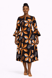 Leaf Print Flared‑Sleeve Dress