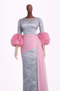 Blue Brocade Gown with Tulle Sleeves