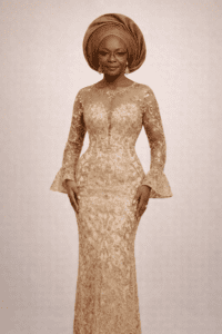 Gold Lace Fluted‑Cuff Gown