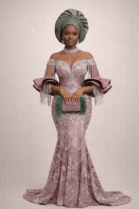 Pastel Pink Lace Mermaid Gown with Ruffle Sleeves