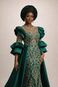 Emerald Brocade Gown with Structured Ruffles