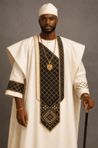 Cream Agbada with Black & Gold Panel